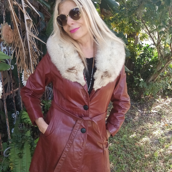 70s vintage Leather Fox trimmed Jacket Small - Picture 1 of 11